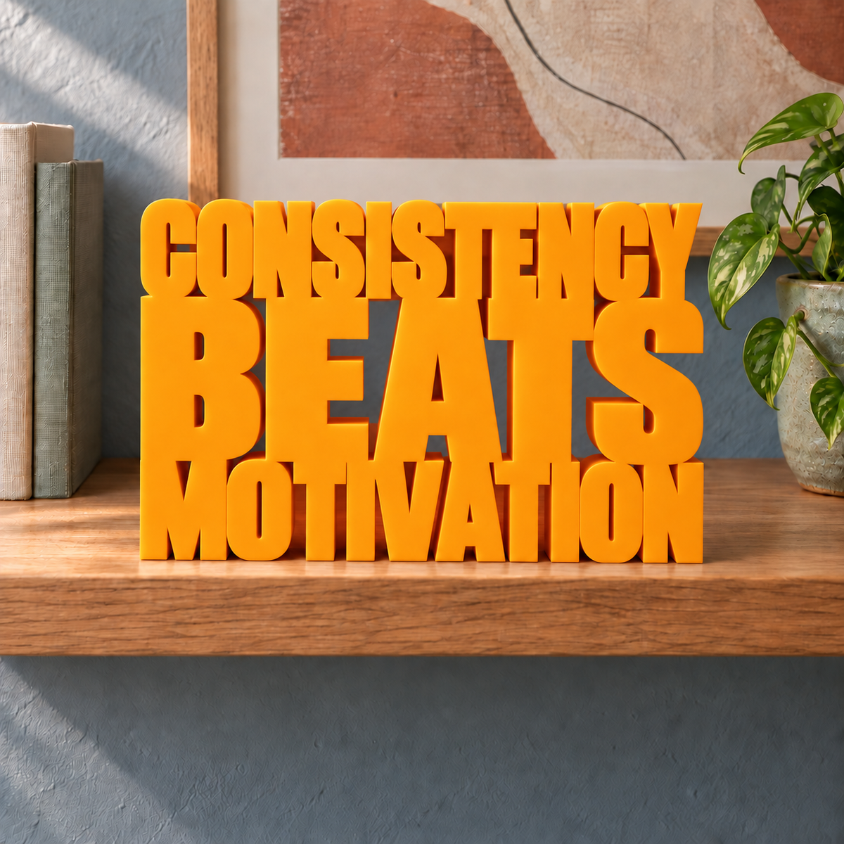 Consistency Beats Motivation desk letters – Orange on the ledge