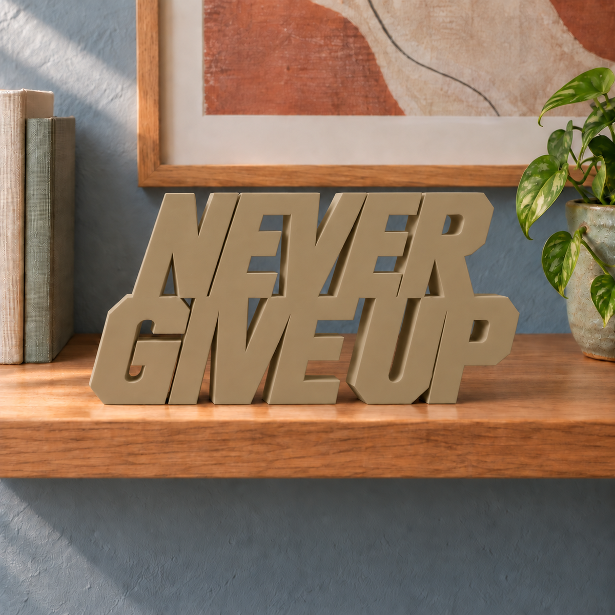 Never Give Up desk letters – Sandstorm on the ledge