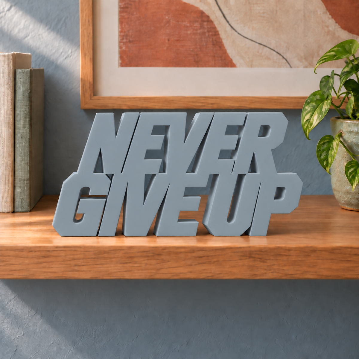 Never Give Up desk letters – Light Gray on the ledge