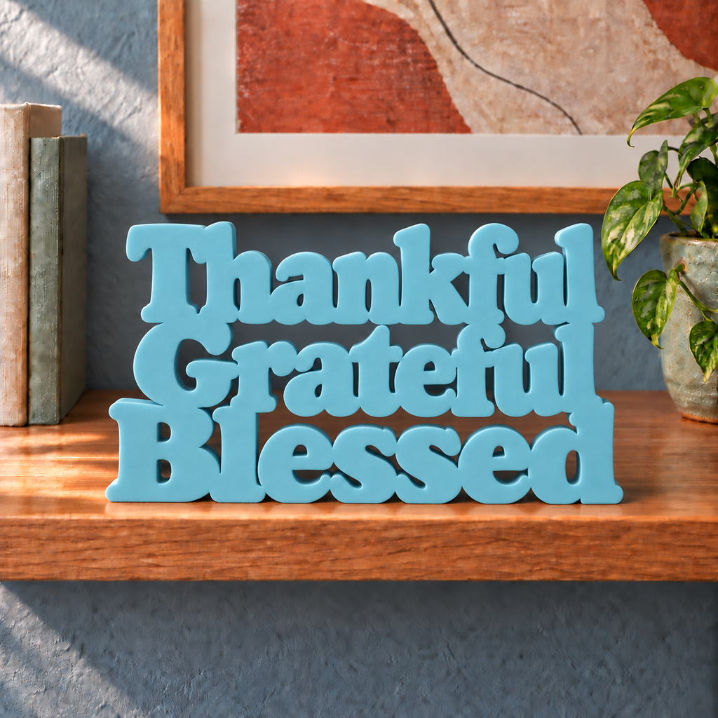 Thankful Grateful Blessed desk letters – Teal Blue on the ledge