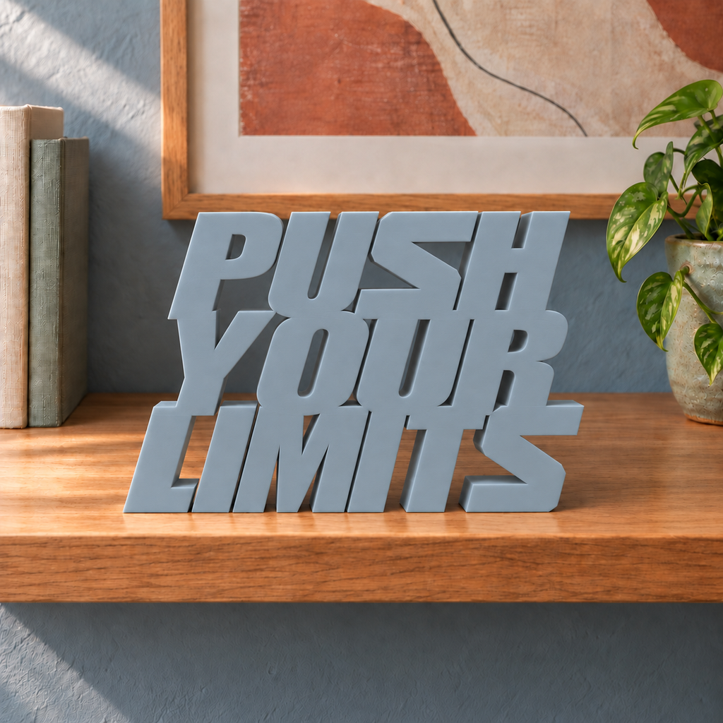 Push Your Limits desk letters – Light Gray on the ledge