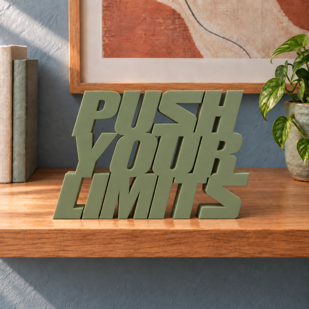 Push Your Limits desk letters – Army Green on the ledge