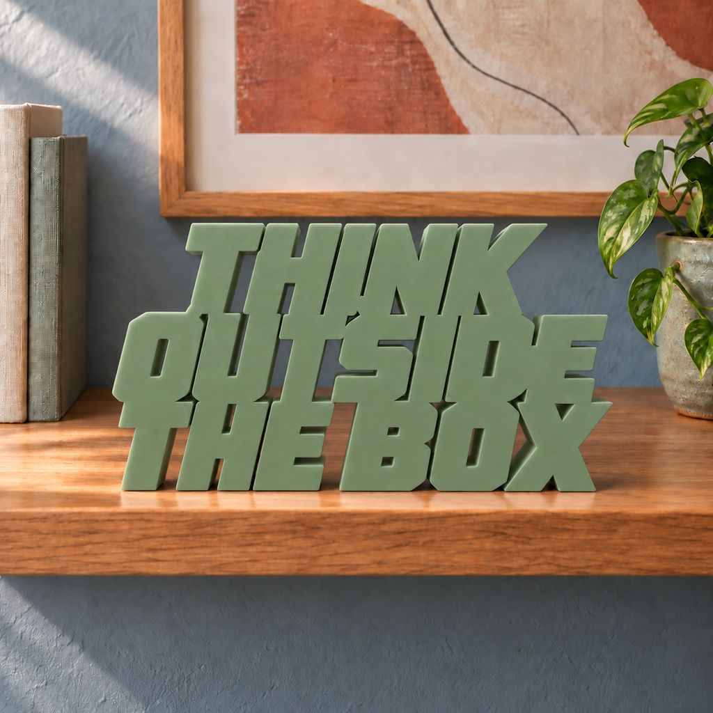 Think Outside the Box desk letters – Army Green on the ledge