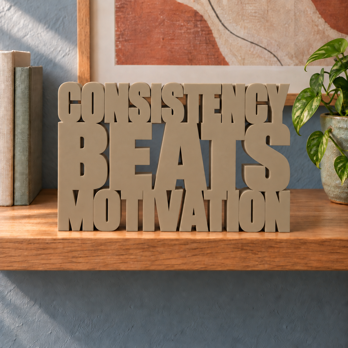 Consistency Beats Motivation desk letters – Sandstorm on the ledge