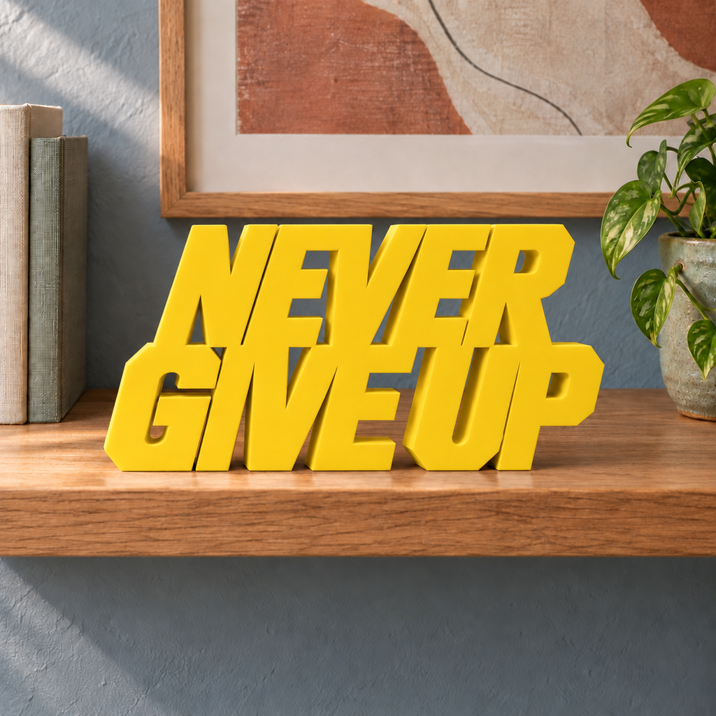Never Give Up desk letters – Yellow on the ledge
