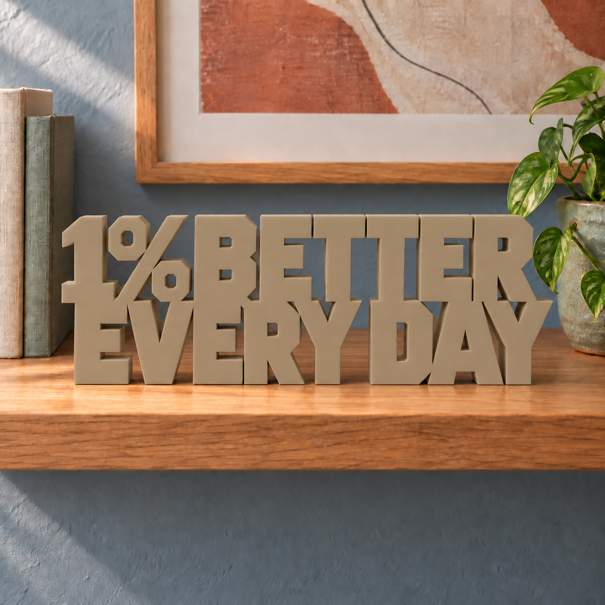 1% Better Every Day desk letters – Sandstorm on the ledge