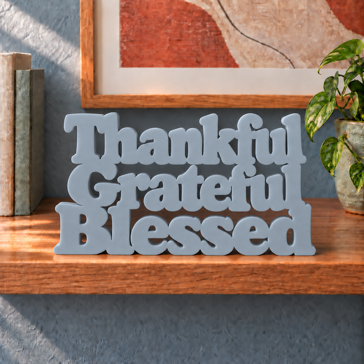 Thankful Grateful Blessed desk letters – Light Gray on the ledge