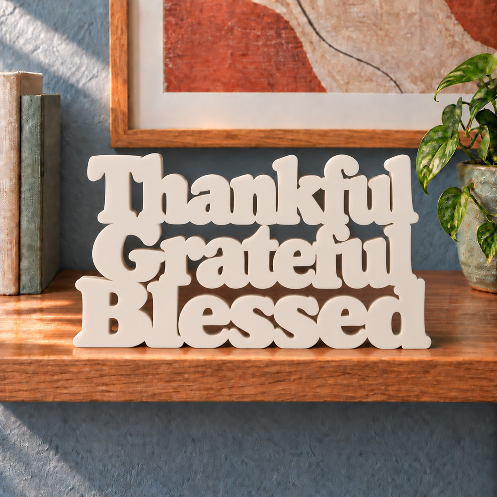 Thankful Grateful Blessed desk letters – Ivory on the ledge