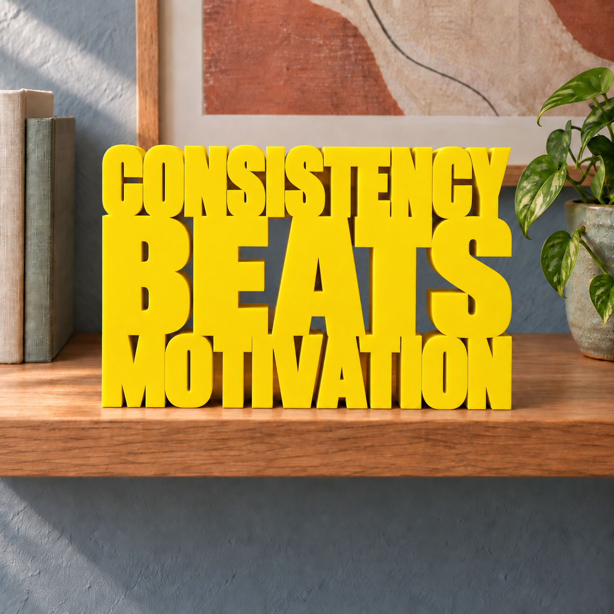 Consistency Beats Motivation desk letters – Yellow on the ledge