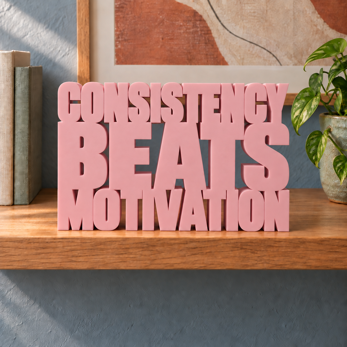 Consistency Beats Motivation desk letters – Sakura Pink on the ledge