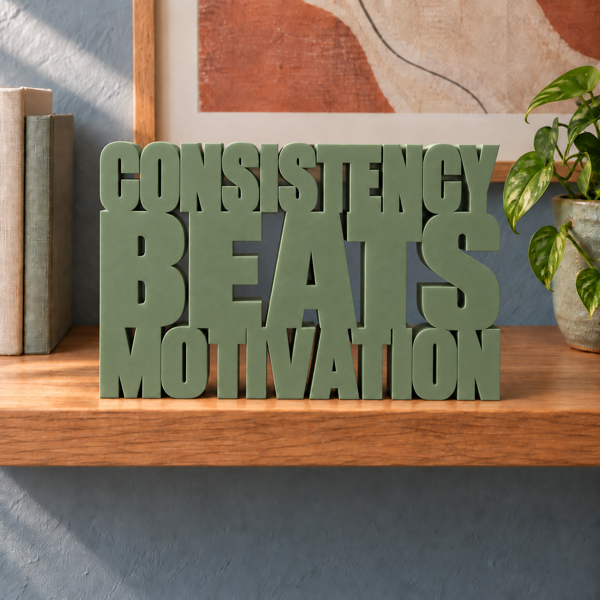 Consistency Beats Motivation desk letters – Army Green on the ledge