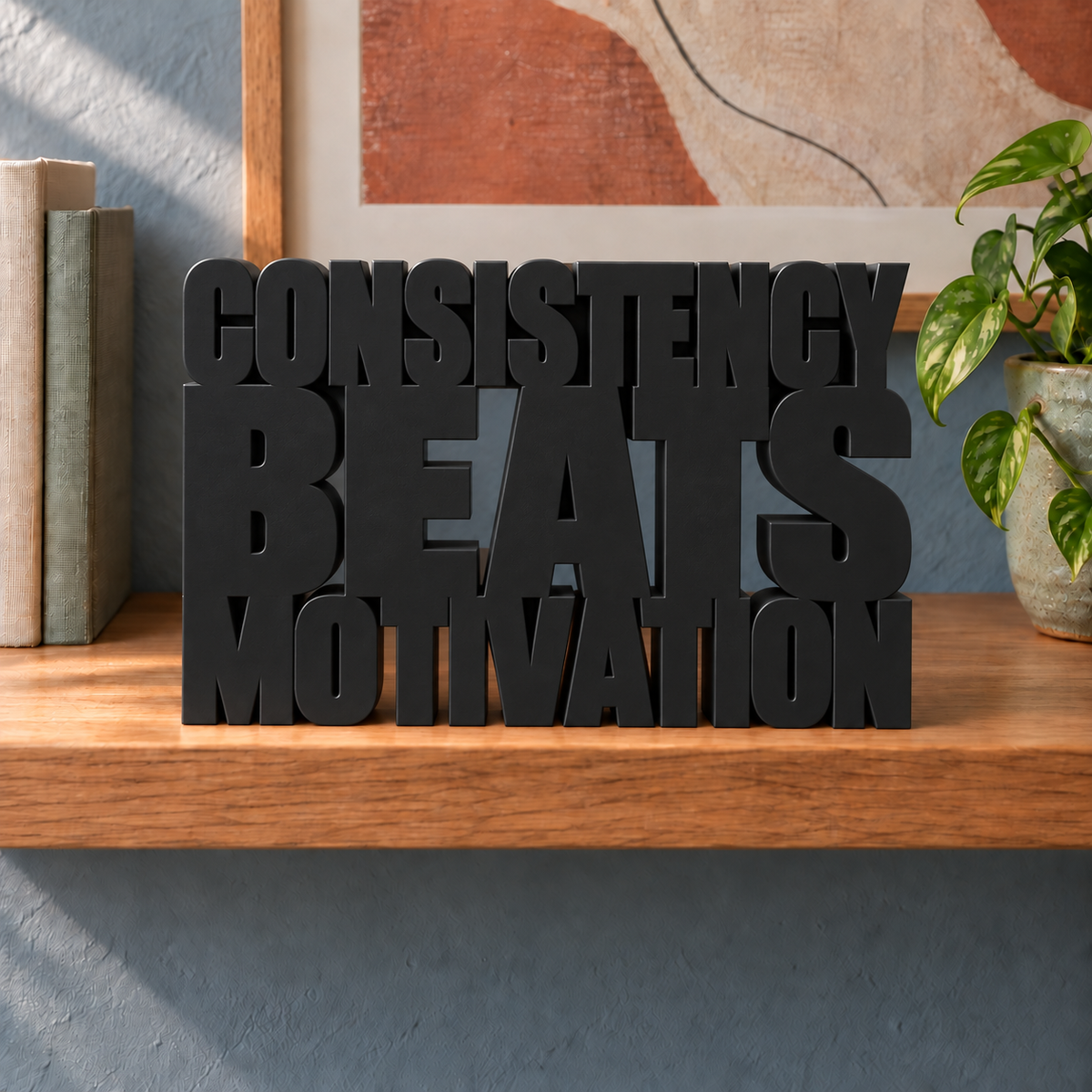 Consistency Beats Motivation desk letters – Black on the ledge