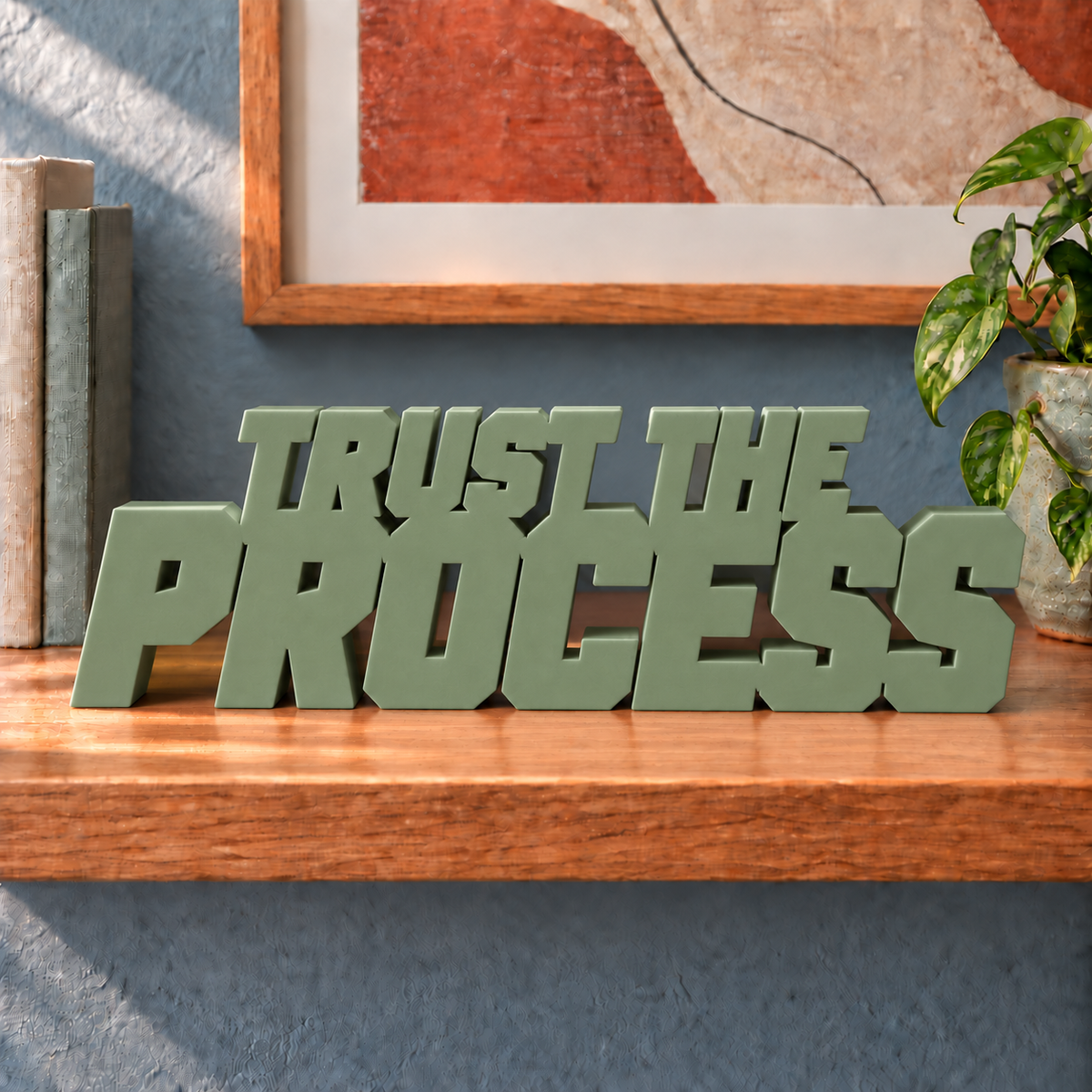 Trust the Process desk letters – Army Green on the ledge
