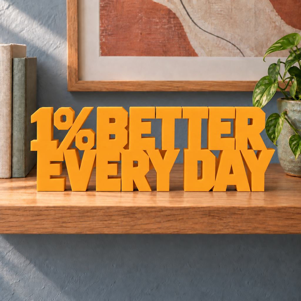 1% Better Every Day desk letters – Orange on the ledge