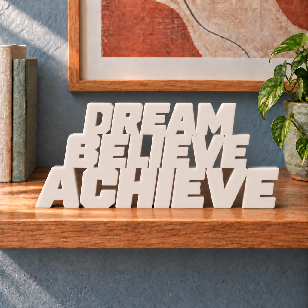 Dream Believe Achieve desk letters – Ivory on the ledge