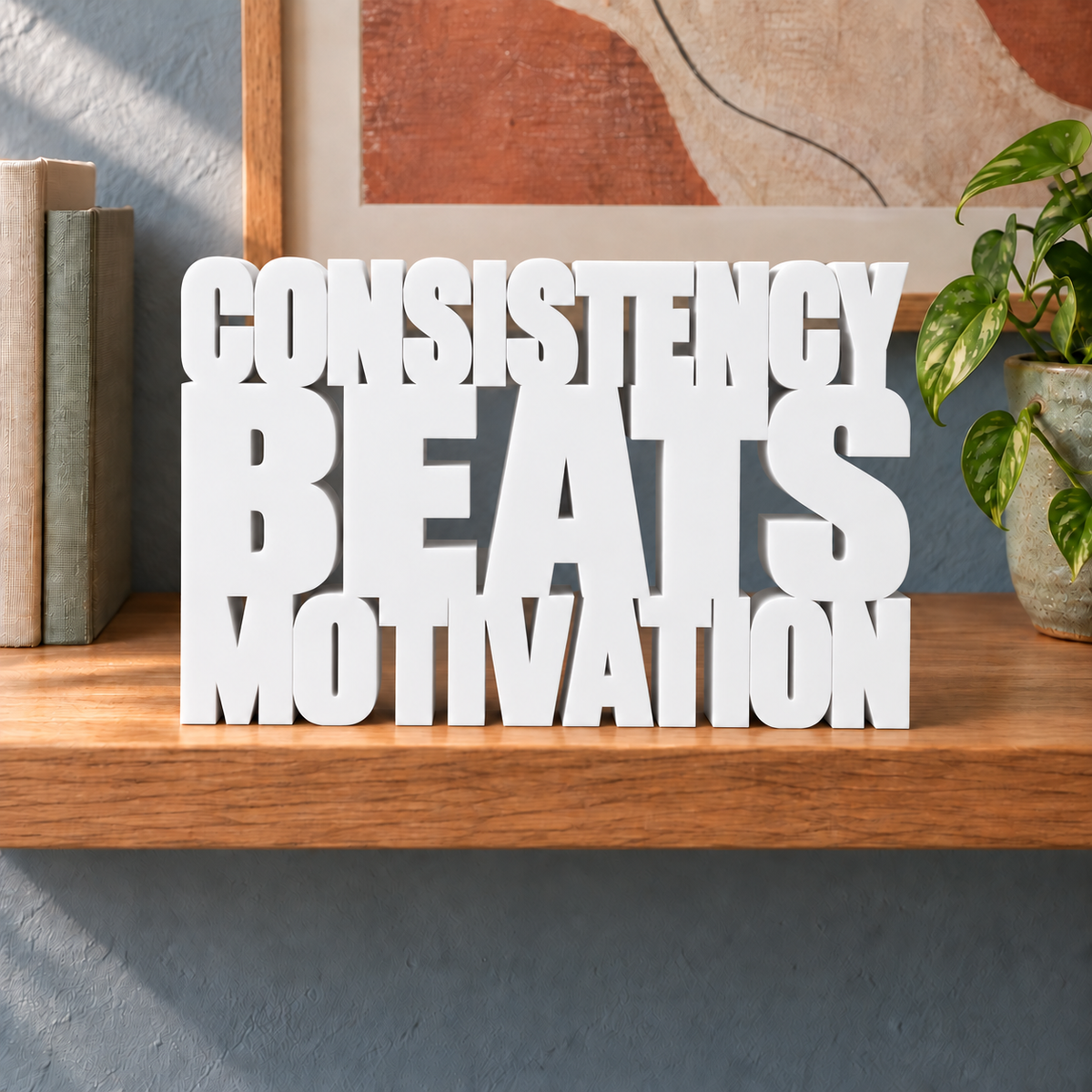 Consistency Beats Motivation desk letters – White on the ledge