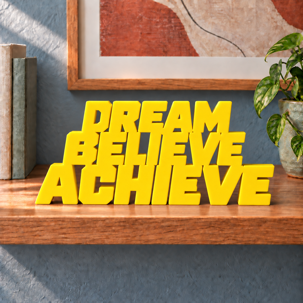 Dream Believe Achieve desk letters – Yellow on the ledge