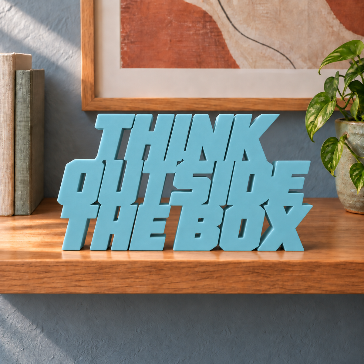 Think Outside the Box desk letters – Teal Blue on the ledge