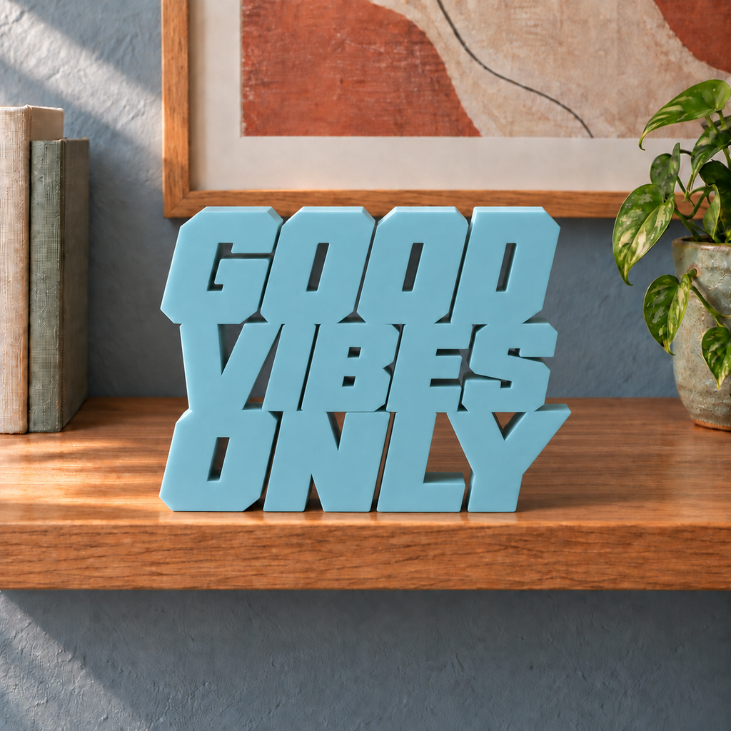Good Vibes Only desk letters – Teal Blue on the ledge