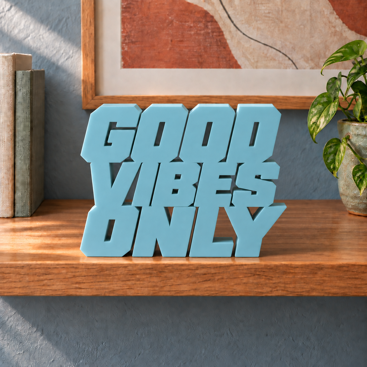 Good Vibes Only desk letters – Teal Blue on the ledge
