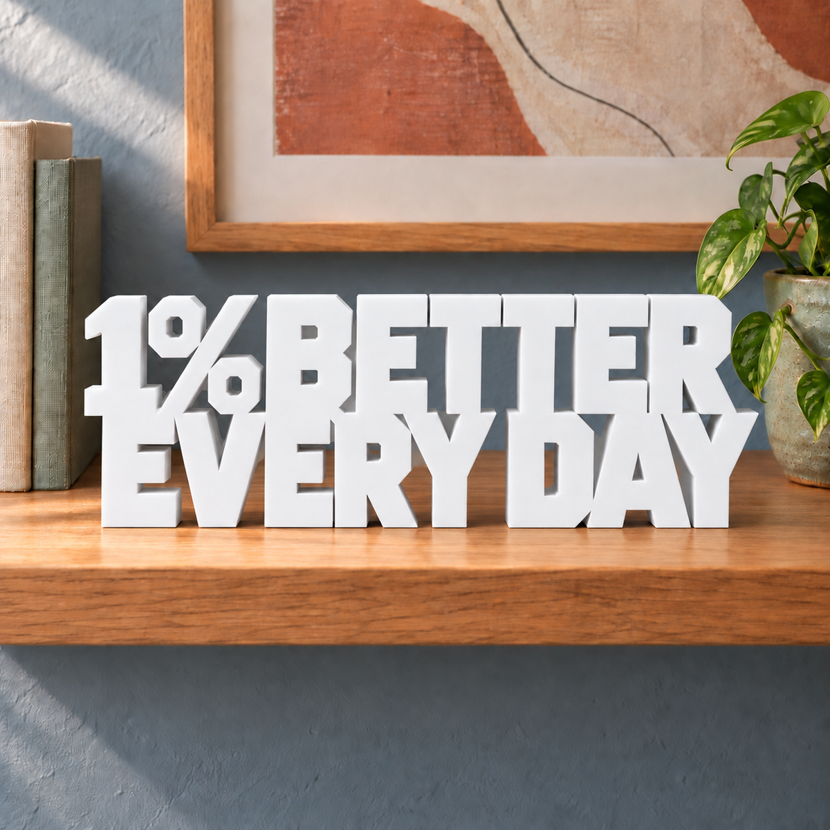 1% Better Every Day desk letters – White on the ledge