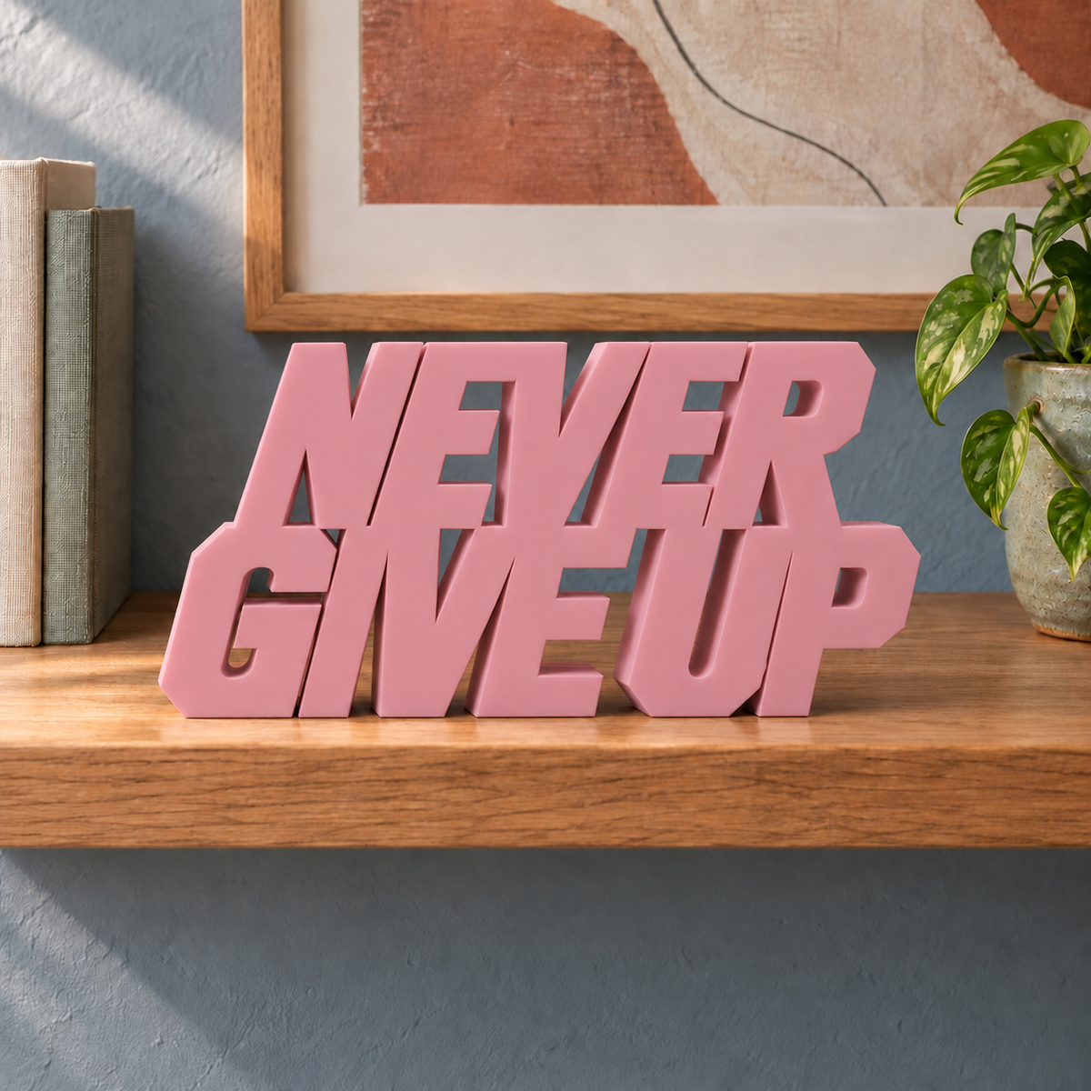 Never Give Up desk letters – Sakura Pink on the ledge