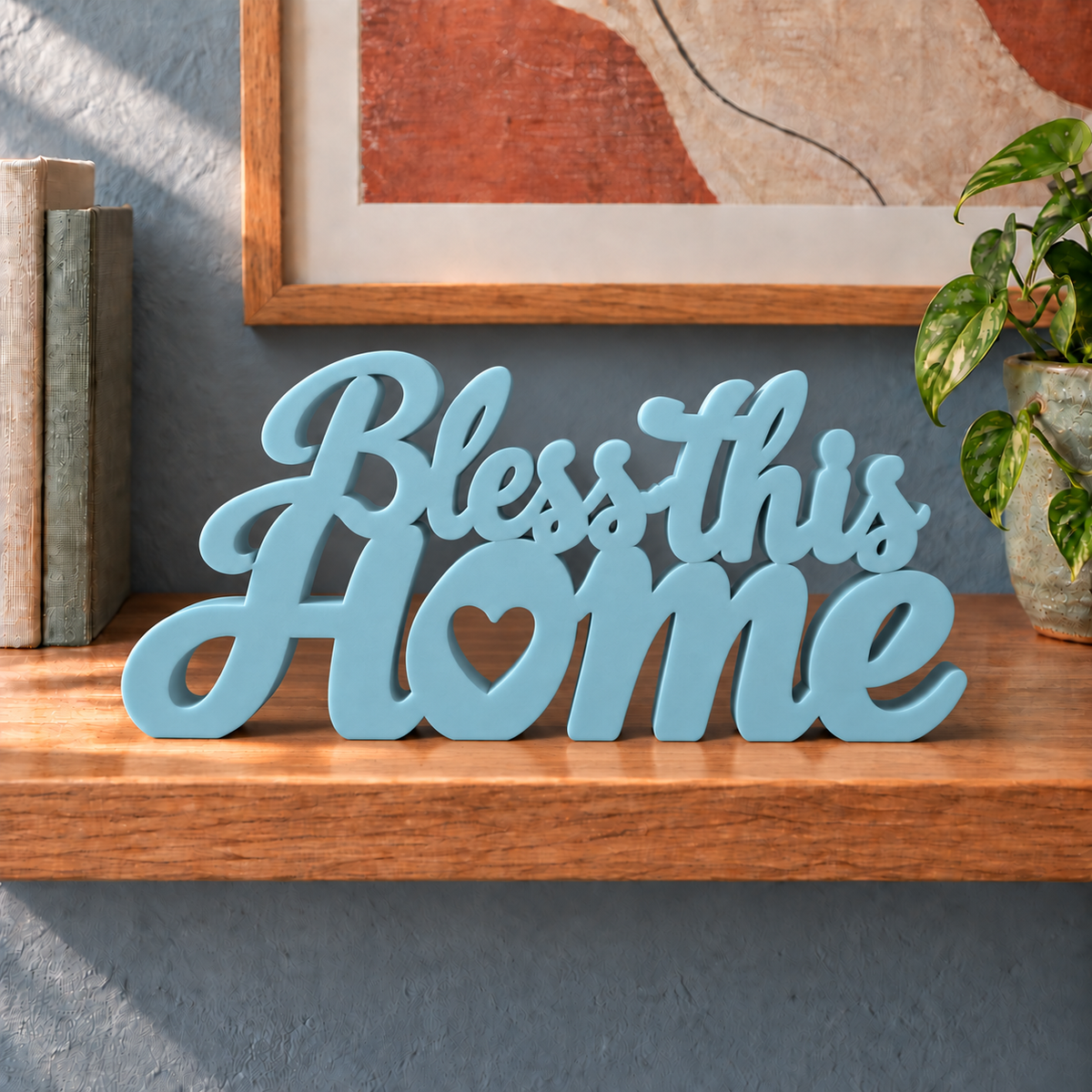 Bless This Home desk letters – Teal Blue on the ledge