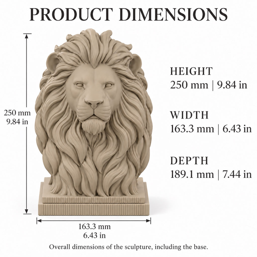 Ribbed base lion size guide 25 x 16.3 x 18.9 cm