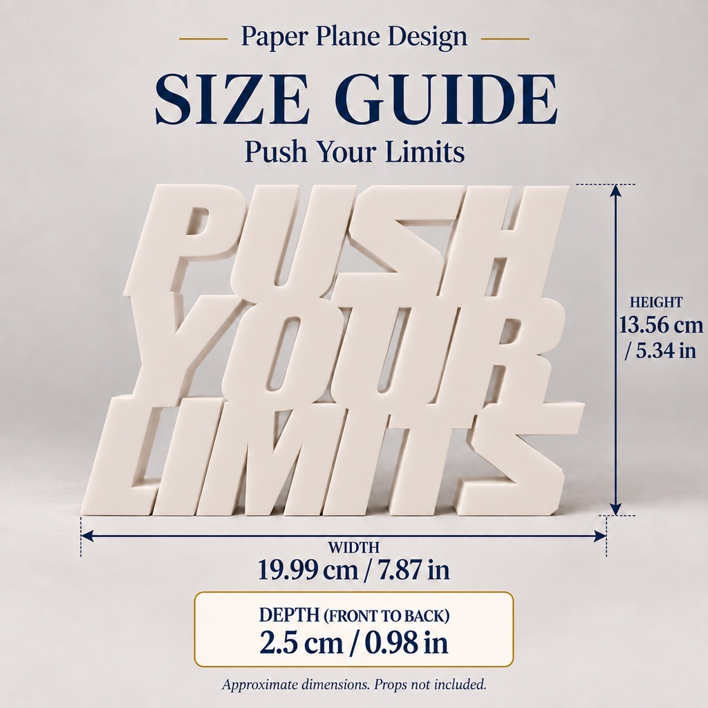 Push Your Limits desk letters size guide with dimensions