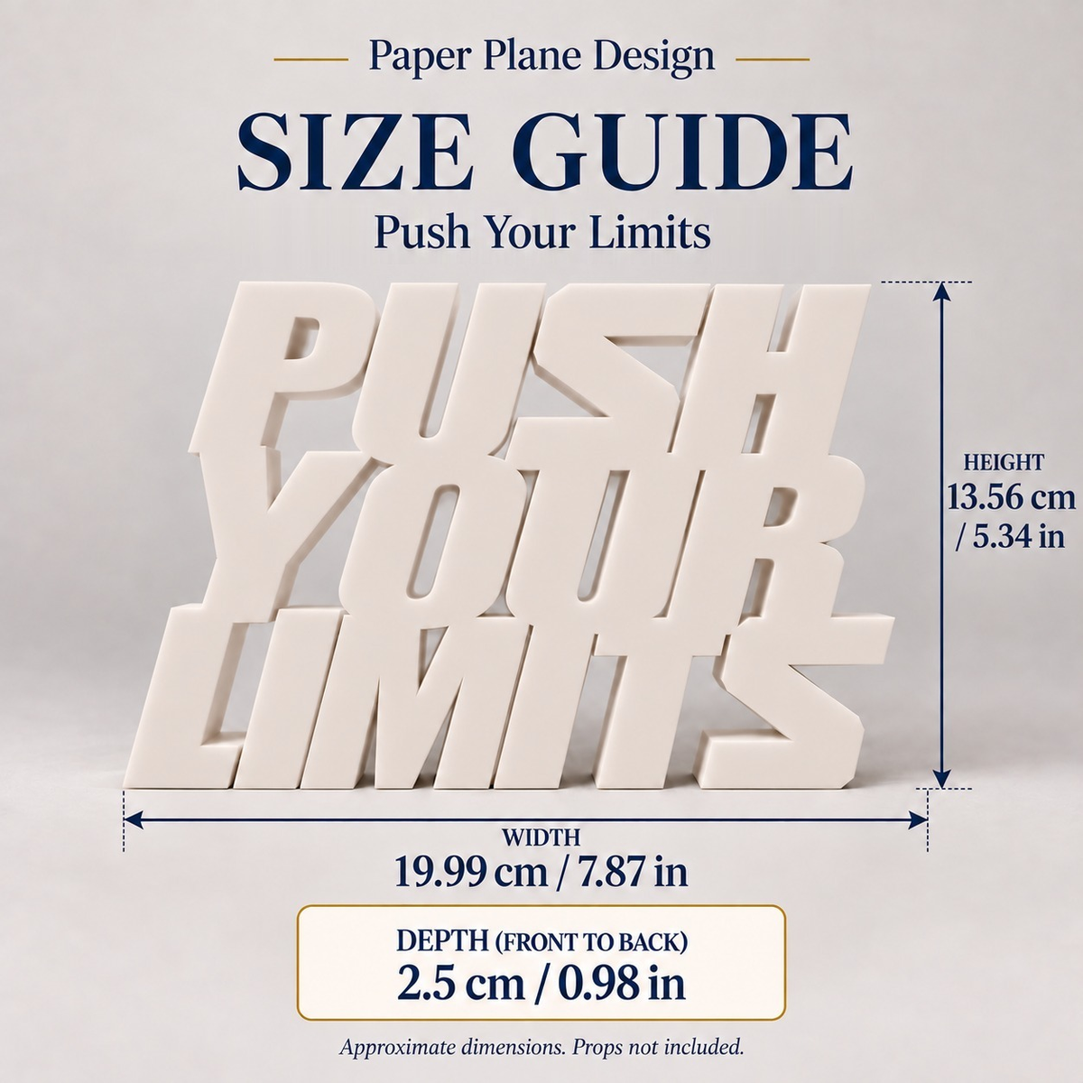 Push Your Limits desk letters size guide with dimensions