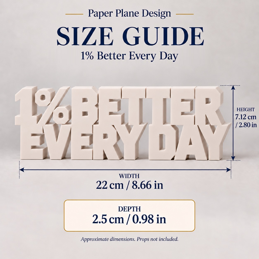 1% Better Every Day desk letters size guide with dimensions