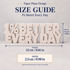 1% Better Every Day desk letters size guide with dimensions