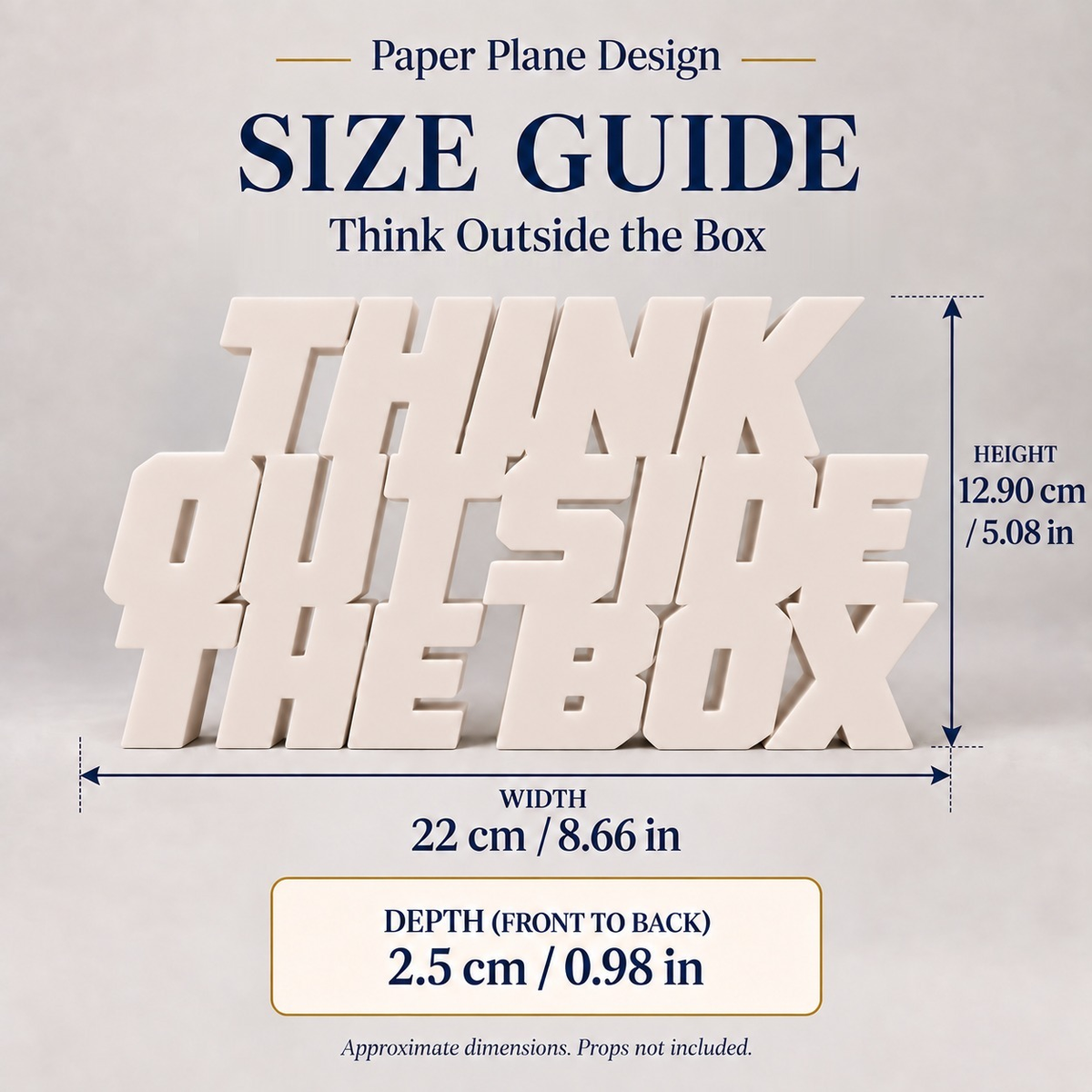 Think Outside the Box desk letters size guide with dimensions