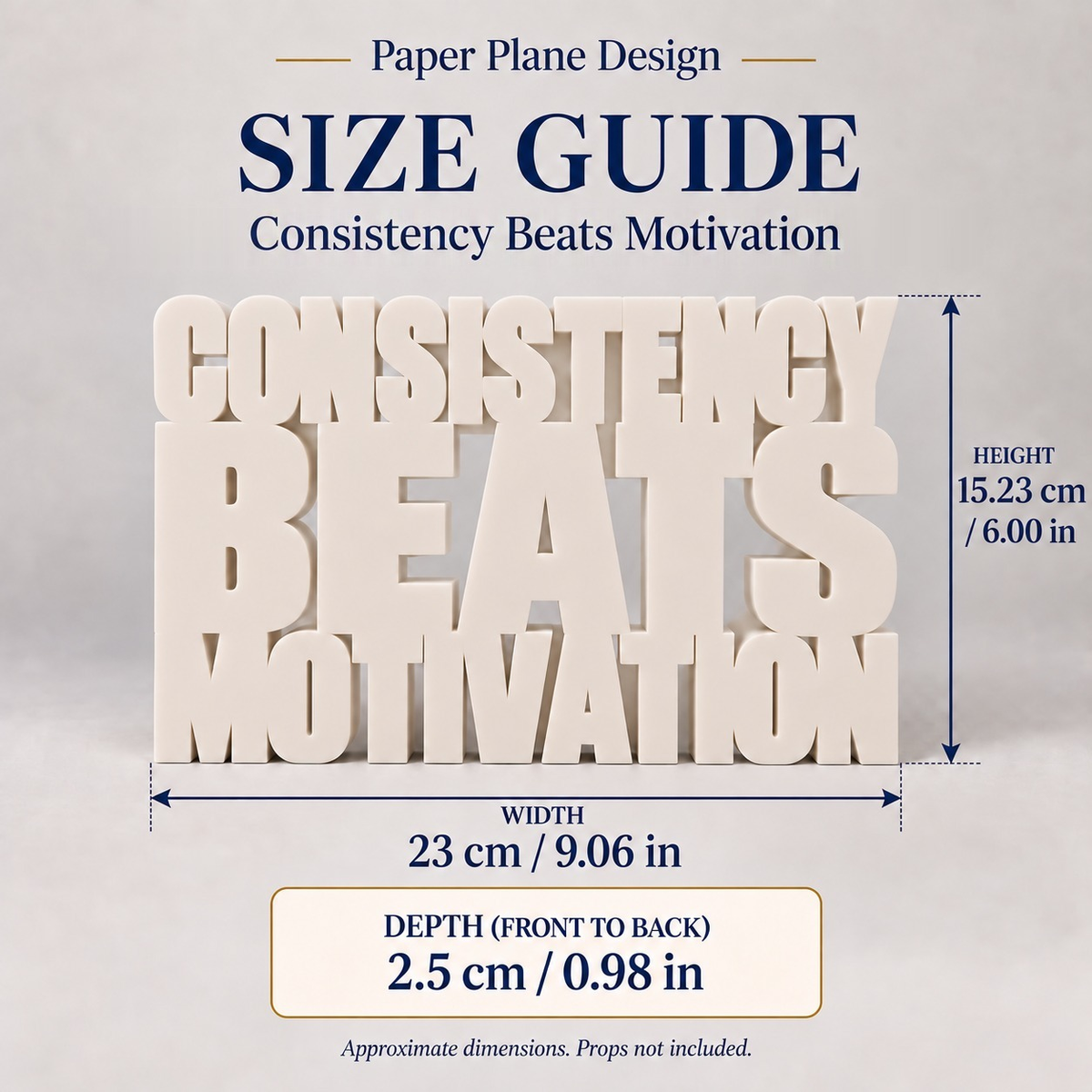 Consistency Beats Motivation desk letters size guide with dimensions