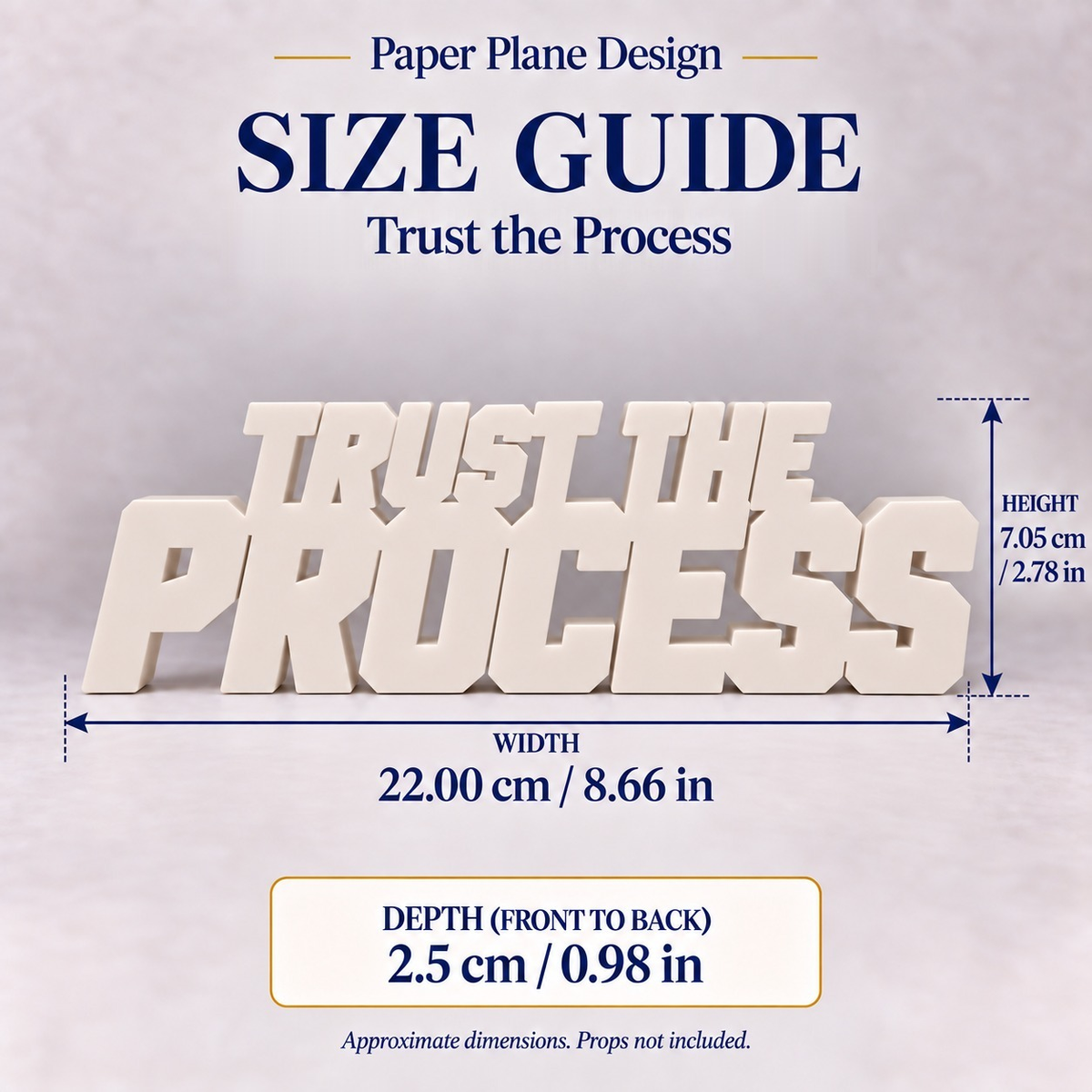 Trust the Process desk letters size guide with dimensions
