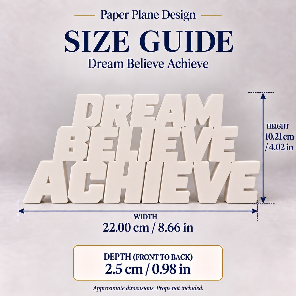 Dream Believe Achieve desk letters size guide with dimensions