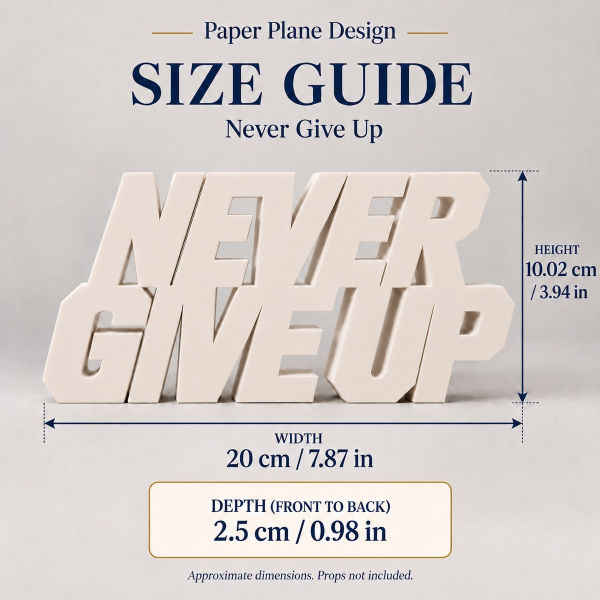 Never Give Up desk letters size guide with dimensions