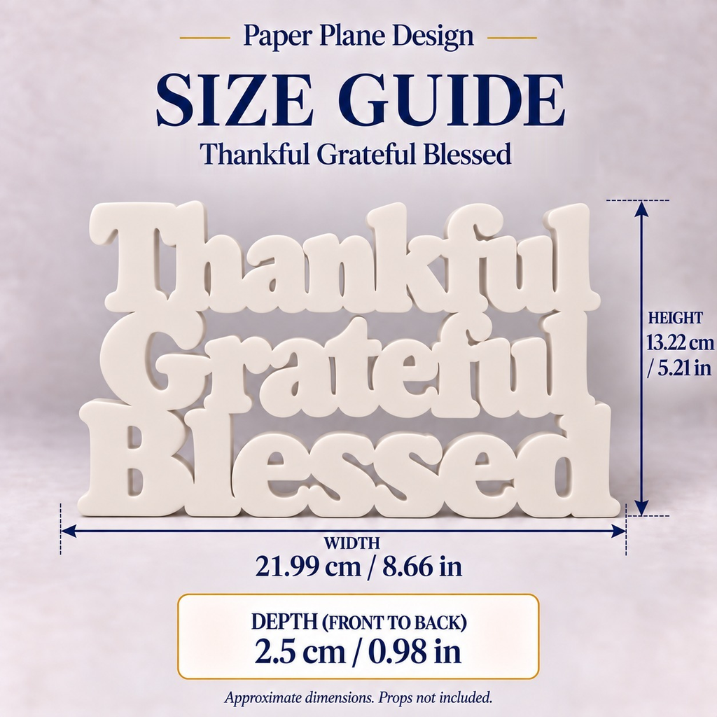Thankful Grateful Blessed desk letters size guide with dimensions