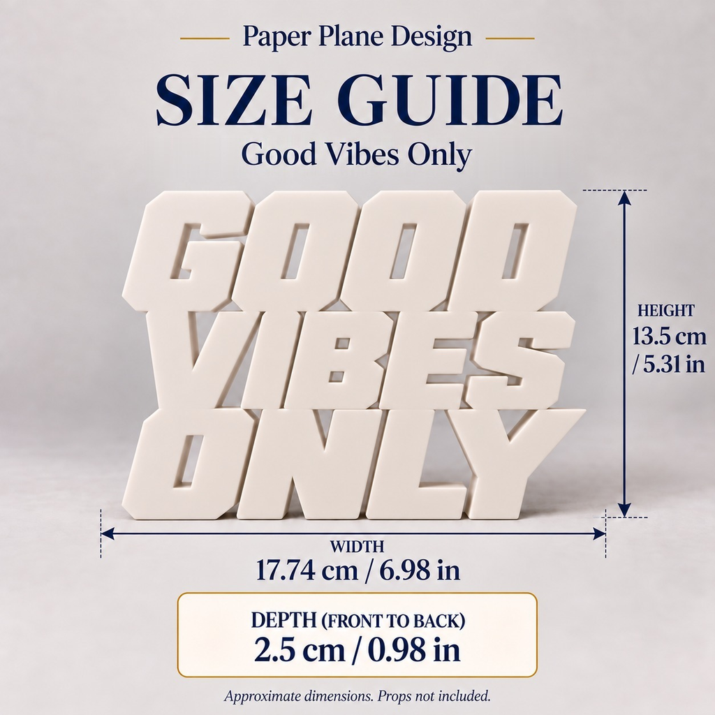 Good Vibes Only desk letters size guide with dimensions