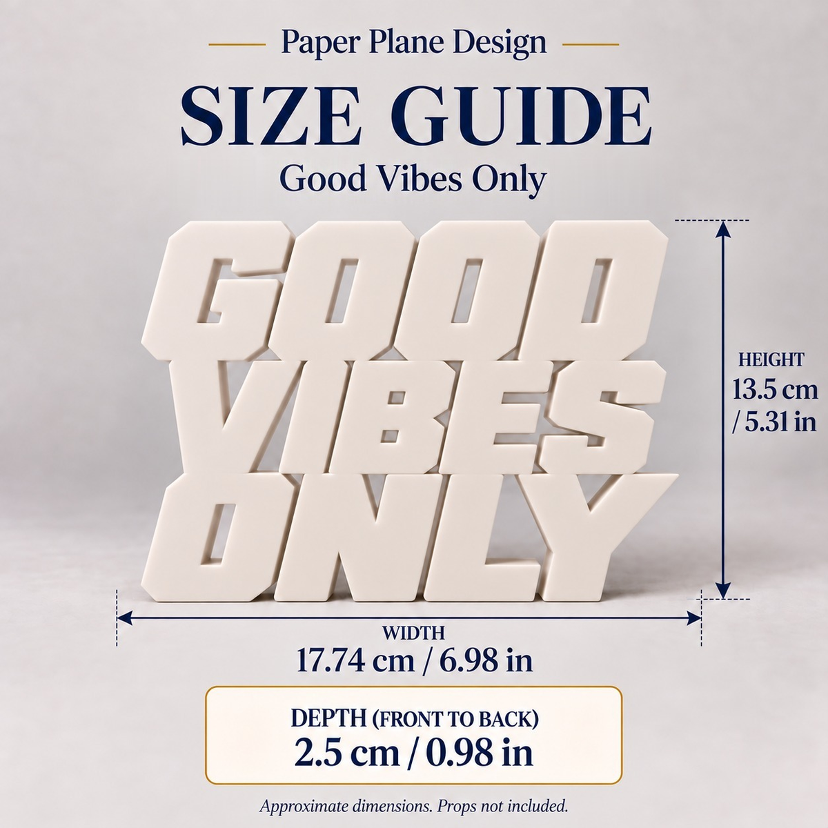 Good Vibes Only desk letters size guide with dimensions