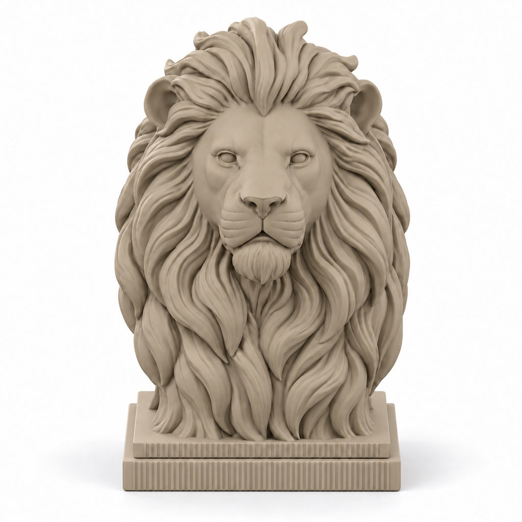 Ribbed base lion desk sculpture on white background