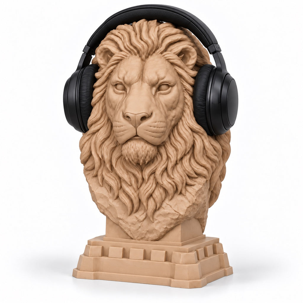 Regal Lion headphone stand with headphones on white background