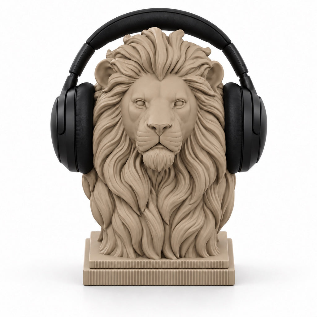 Ribbed base lion headphone stand with headphones on white background
