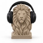 Ribbed base lion headphone stand with headphones on white background
