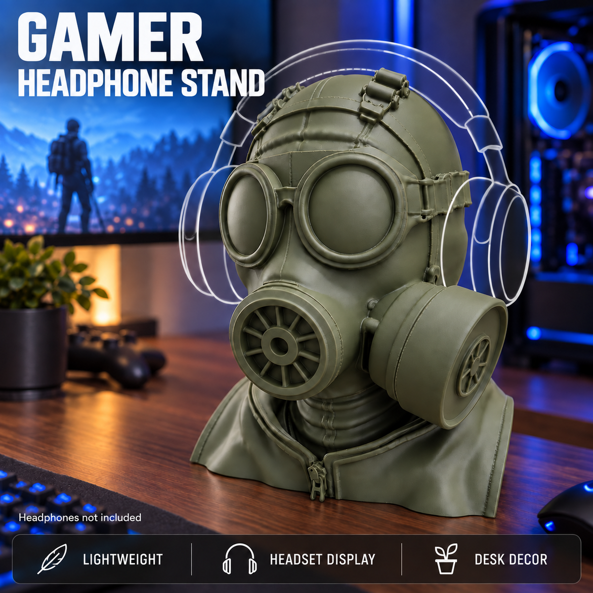 Wasteland Ranger headphone stand in a gaming setup