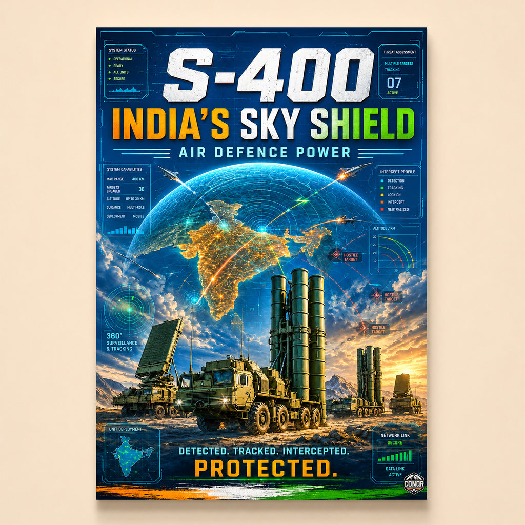 S-400 batteries under a glowing defensive dome over a map of India
