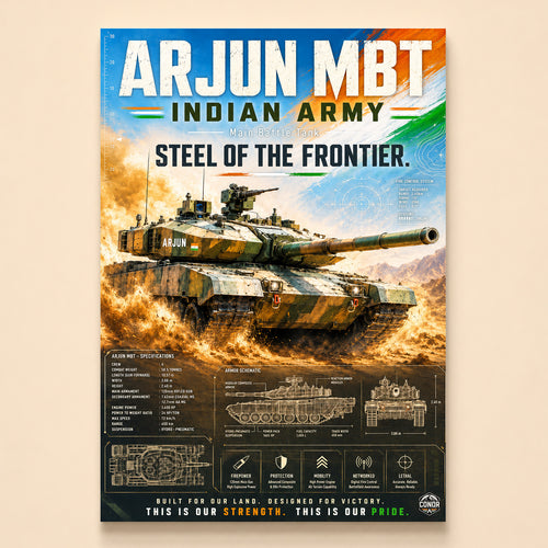 Arjun MBT surging through dust and explosions with specification panels