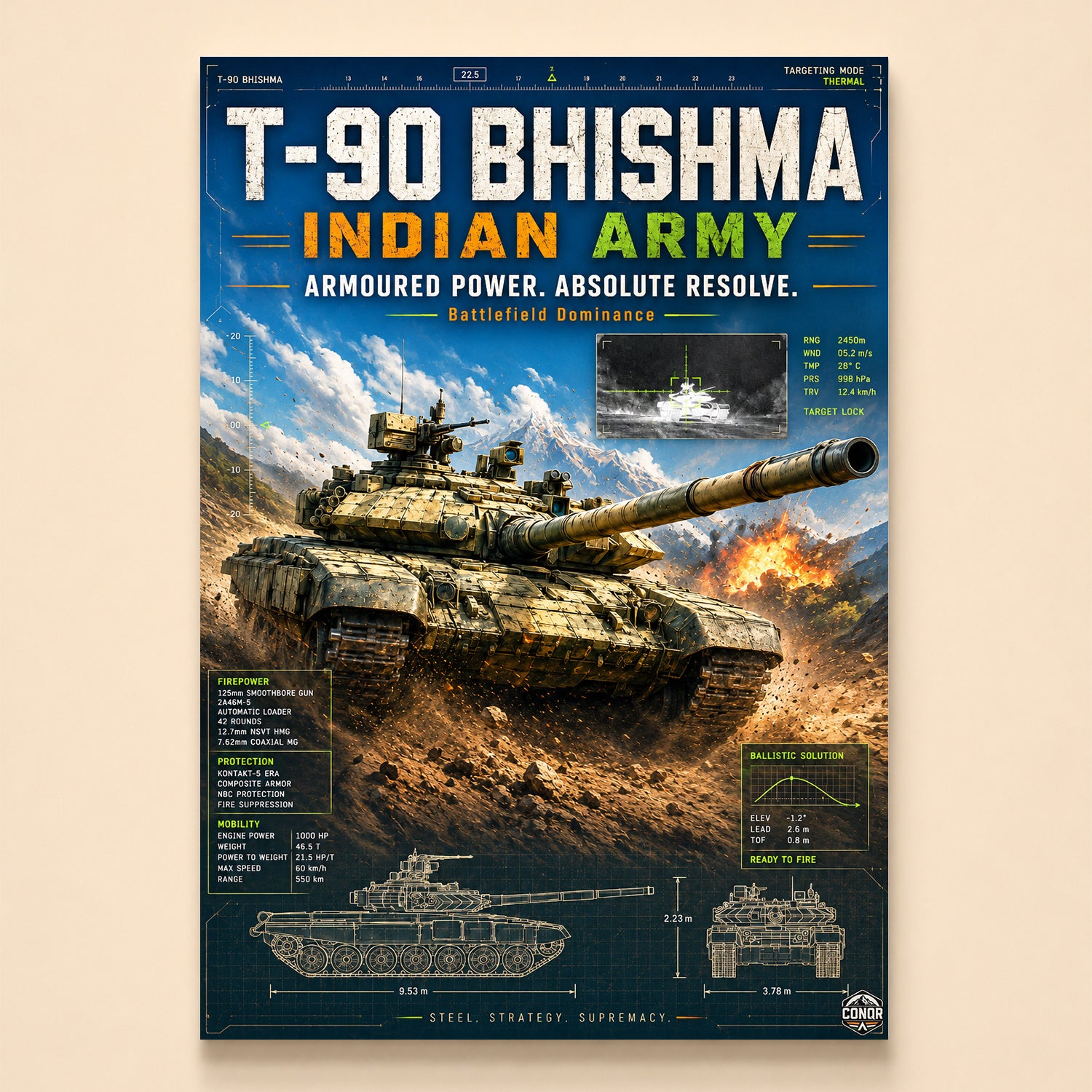 T-90 Bhishma charging over rocky terrain with thermal target lock and blueprints