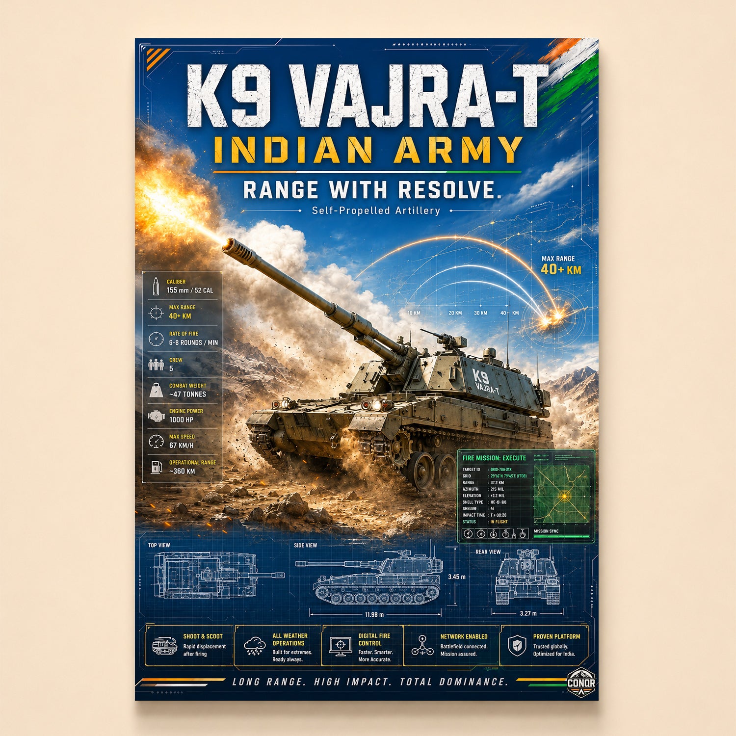 K9 Vajra-T firing through dust with a live fire-mission display