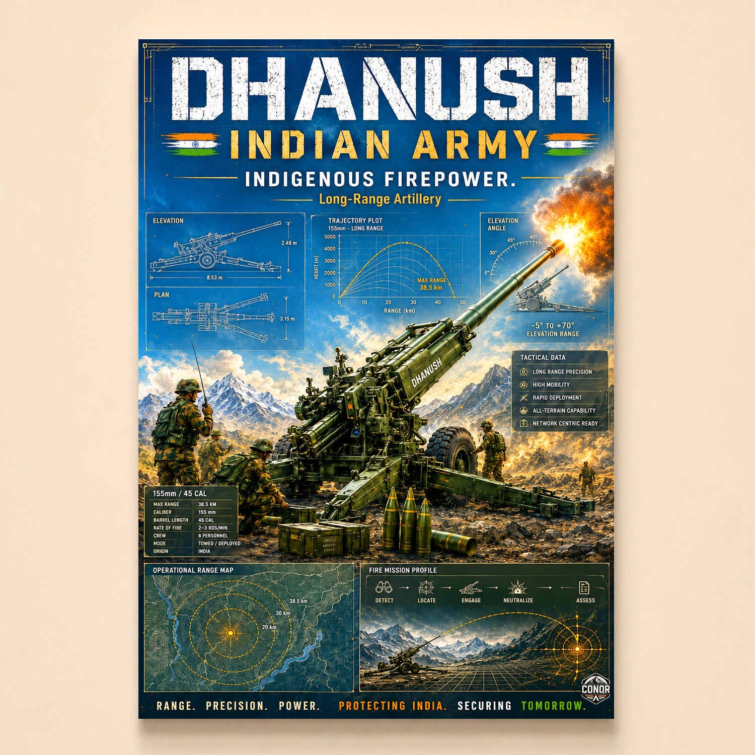 Crew firing the Dhanush howitzer against mountains with trajectory overlays